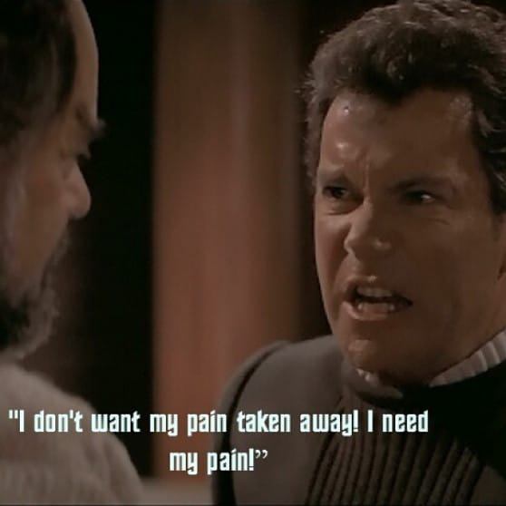 Captain James T. Kirk in Star Trek V: The Final Frontier telling Sybok "I don't want my pain taken away! I need my pain!"