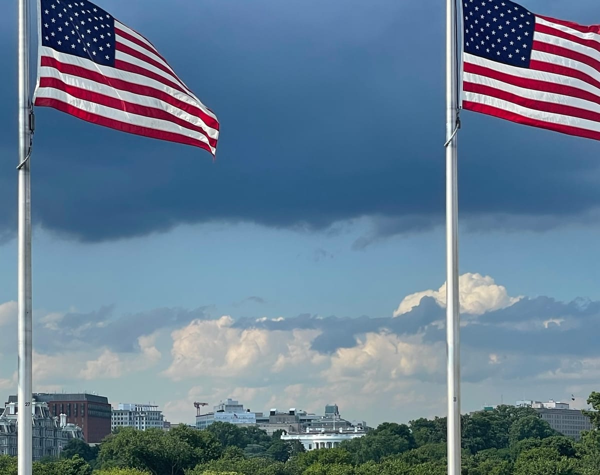 American flags in the foreground with the White House nestled among trees in the backgroun